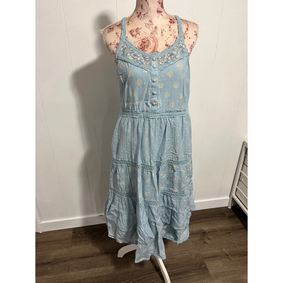 Women's Anthropologie Light Blue Pilcro Lace Tiered Midi Dress Sz Medium - Picture 2 of 8
